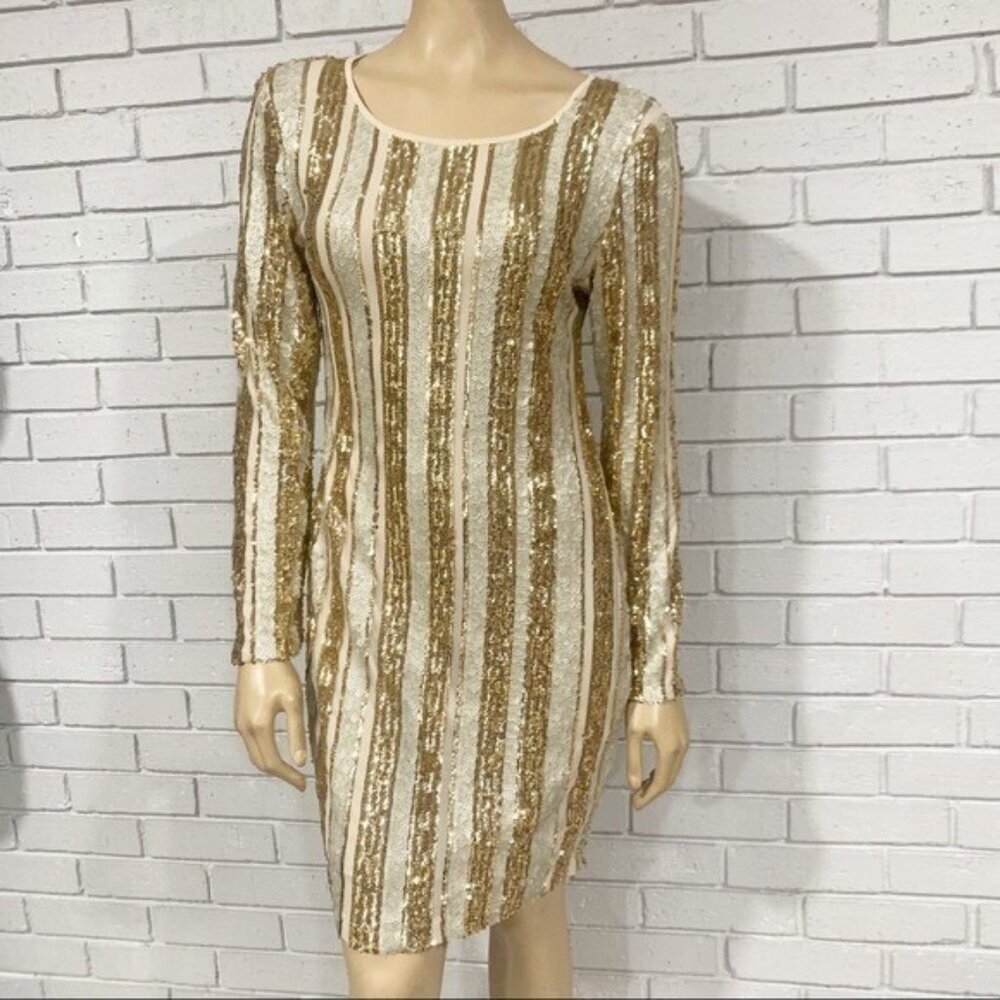 Girl in Mind Gold‎ White Stripe Sequin Dress - Size 8